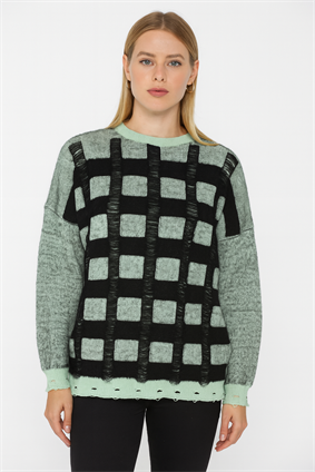 MinoraLady Kadın Soft Kare Desen Oversize Yumuşak Dokulu Sakallı Triko Kazak Mint