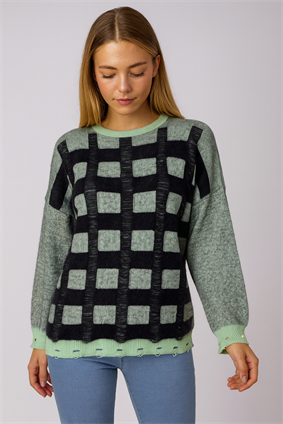 MinoraLady Kadın Soft Kare Desen Oversize Yumuşak Dokulu Sakallı Triko Kazak Mint