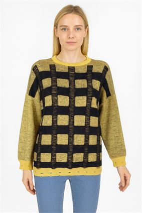 MinoraLady Kadın Soft Kare Desen Oversize Yumuşak Dokulu Sakallı Triko Kazak Sarı-Siyah