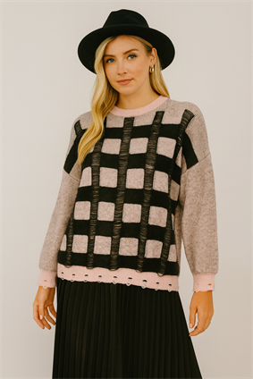 MinoraLady Kadın Soft Kare Desen Oversize Yumuşak Dokulu Sakallı Triko Kazak PUDRA-SİYAH