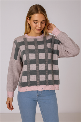 MinoraLady Kadın Soft Kare Desen Oversize Yumuşak Dokulu Sakallı Triko Kazak PEDRA-GRİ