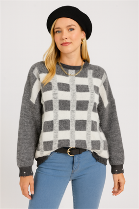 MinoraLady Kadın Soft Kare Desen Oversize Yumuşak Dokulu Sakallı Triko Kazak Gri