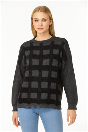 MinoraLady Kadın Soft Kare Desen Oversize Yumuşak Dokulu Sakallı Triko Kazak Antrasit