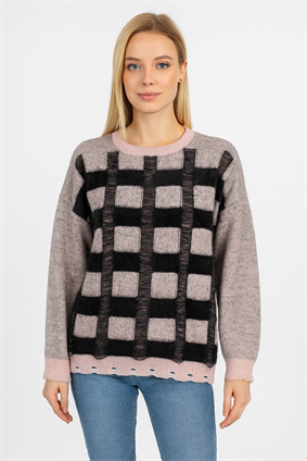 MinoraLady Kadın Soft Kare Desen Oversize Yumuşak Dokulu Sakallı Triko Kazak PUDRA-SİYAH