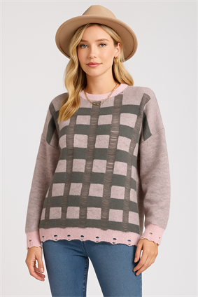 MinoraLady Kadın Soft Kare Desen Oversize Yumuşak Dokulu Sakallı Triko Kazak PEDRA-GRİ