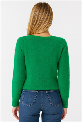 MinoraLady Kadın Zümrüt Yeşili  V Yaka  Sakallı  Triko Kazak Standart 