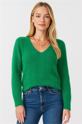 MinoraLady Kadın Zümrüt Yeşili  V Yaka  Sakallı  Triko Kazak Standart 