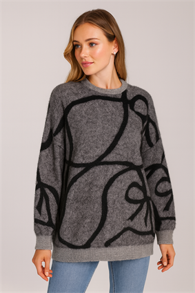 MinoraLady Kurdele Şerit Desen Oversize  Sakallı Yumuşak Dokulu Triko