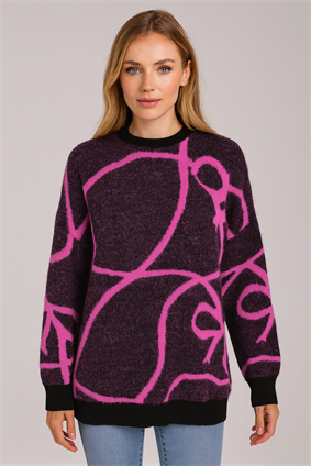 MinoraLady Kurdele Şerit Desen Oversize  Sakallı Yumuşak Dokulu Triko Kazak Fuşya