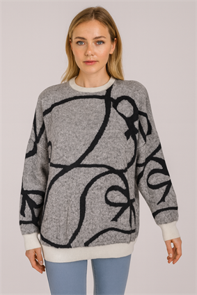 MinoraLady Kurdele Şerit Desen Oversize  Sakallı Yumuşak Dokulu Triko Kazak Kemik