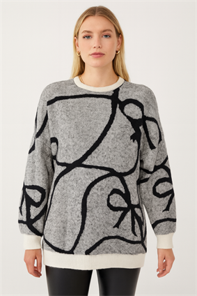 MinoraLady Kurdele Şerit Desen Oversize  Sakallı Yumuşak Dokulu Triko Kazak Kemik