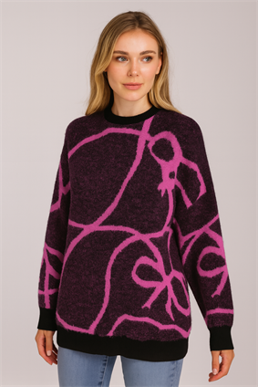 MinoraLady Kurdele Şerit Desen Oversize  Sakallı Yumuşak Dokulu Triko Kazak Fuşya