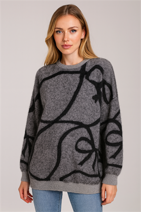 MinoraLady Kurdele Şerit Desen Oversize  Sakallı Yumuşak Dokulu Triko