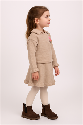 Şık Triko Fırfır Detaylı Gömlek Yaka İşlemeli  2li Takım Bej