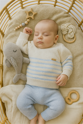 Triko Kışlık  Bebek  Çizgili Takım Bebe Mavi