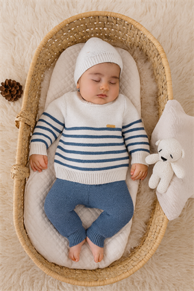 Triko Kışlık  Bebek  Çizgili Takım İNDİGO