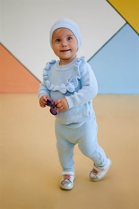 Triko Kız Bebek Yakası Fırfırlı 3lü Takım Bebe Mavi