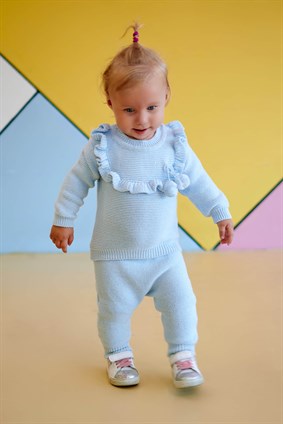 Triko Kız Bebek Yakası Fırfırlı 3lü Takım Bebe Mavi
