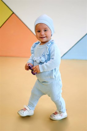 Triko Kız Bebek Yakası Fırfırlı 3lü Takım Bebe Mavi