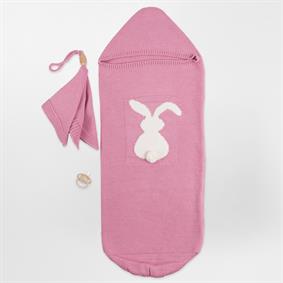 Triko Tavşan Desen 2li Koza Kundak ( Uyku tulumu) Set PEMBE