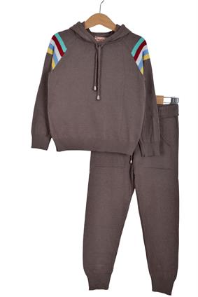 Triko Ünisex Kapşonlu Çizgi Detaylı Takım Kahverengi