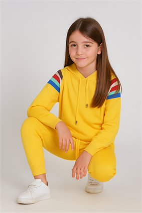 Triko Ünisex Kapşonlu Çizgi Detaylı Takım  Sarı