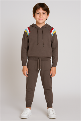 Triko Ünisex Kapşonlu Çizgi Detaylı Takım Kahverengi