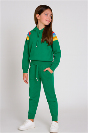 Triko Ünisex Kapşonlu Çizgi Detaylı Takım  Yeşil