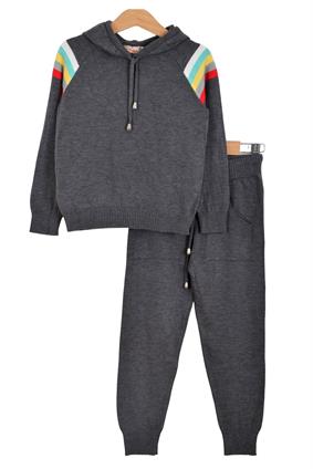 Triko Ünisex Kapşonlu Çizgi Detaylı Takım  ANTRASİT