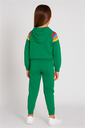 Triko Ünisex Kapşonlu Çizgi Detaylı Takım  Yeşil
