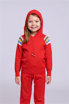 Triko Ünisex Kapşonlu Çizgi Detaylı Takım KIRMIZI