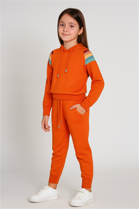 Triko Ünisex Kapşonlu Çizgi Detaylı Takım  ORANJ