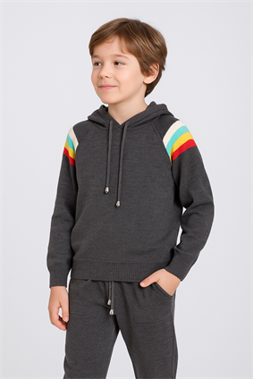 Triko Ünisex Kapşonlu Çizgi Detaylı Takım  ANTRASİT