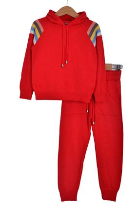 Triko Ünisex Kapşonlu Çizgi Detaylı Takım KIRMIZI