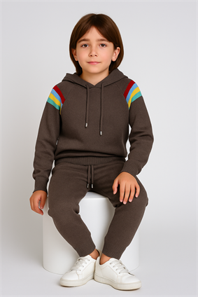 Triko Ünisex Kapşonlu Çizgi Detaylı Takım Kahverengi