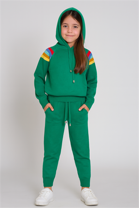 Triko Ünisex Kapşonlu Çizgi Detaylı Takım  Yeşil
