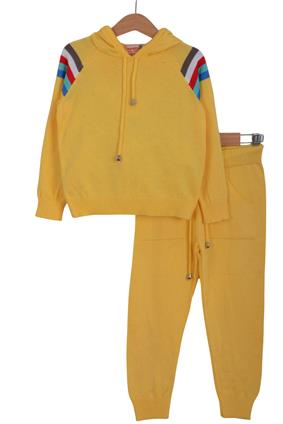 Triko Ünisex Kapşonlu Çizgi Detaylı Takım  Sarı