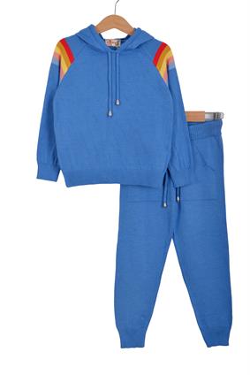 Triko Ünisex Kapşonlu Çizgi Detaylı Takım MAVİ