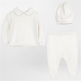 Unisex Bebek Gömlek Yaka Ponponlu 3Lü Takım  KEMİK