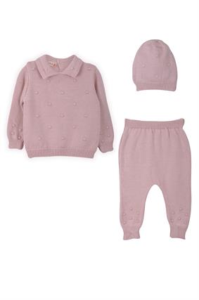 Unisex Bebek Gömlek Yaka Ponponlu 3Lü Takım Pudra