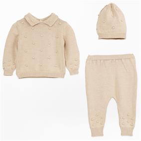 Unisex Bebek Gömlek Yaka Ponponlu 3Lü Takım  TAŞ