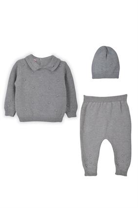 Unisex Bebek Gömlek Yaka Ponponlu 3Lü Takım GRİ