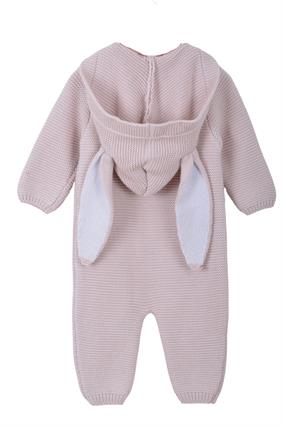 Unisex Triko Tavşan Kulaklı Kapşonlu Bebek Tulumu Pudra