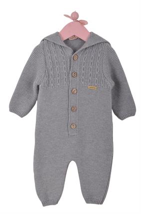 Unisex Triko Tavşan Kulaklı Kapşonlu Bebek Tulumu Gri