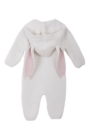 Unisex Triko Tavşan Kulaklı Kapşonlu Bebek Tulumu Kemik