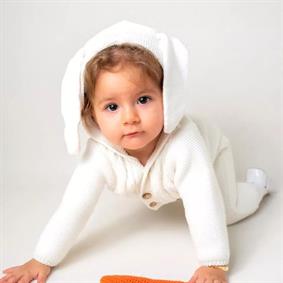 Unisex Triko Tavşan Kulaklı Kapşonlu Bebek Tulumu Kemik