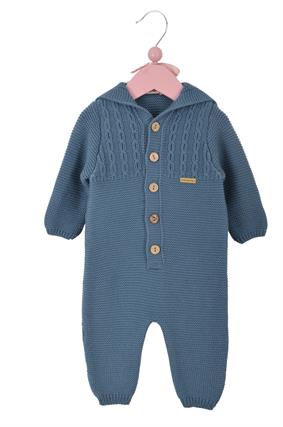 Unisex Triko Tavşan Kulaklı Kapşonlu Bebek Tulumu İndigo