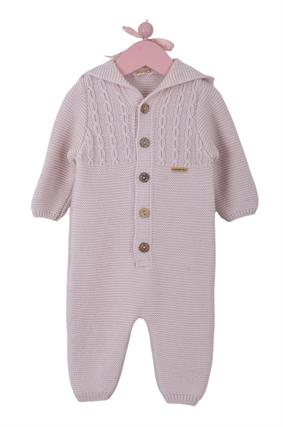 Unisex Triko Tavşan Kulaklı Kapşonlu Bebek Tulumu Pudra