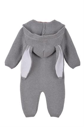Unisex Triko Tavşan Kulaklı Kapşonlu Bebek Tulumu Gri