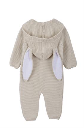 Unisex Triko Tavşan Kulaklı Kapşonlu Bebek Tulumu Bej